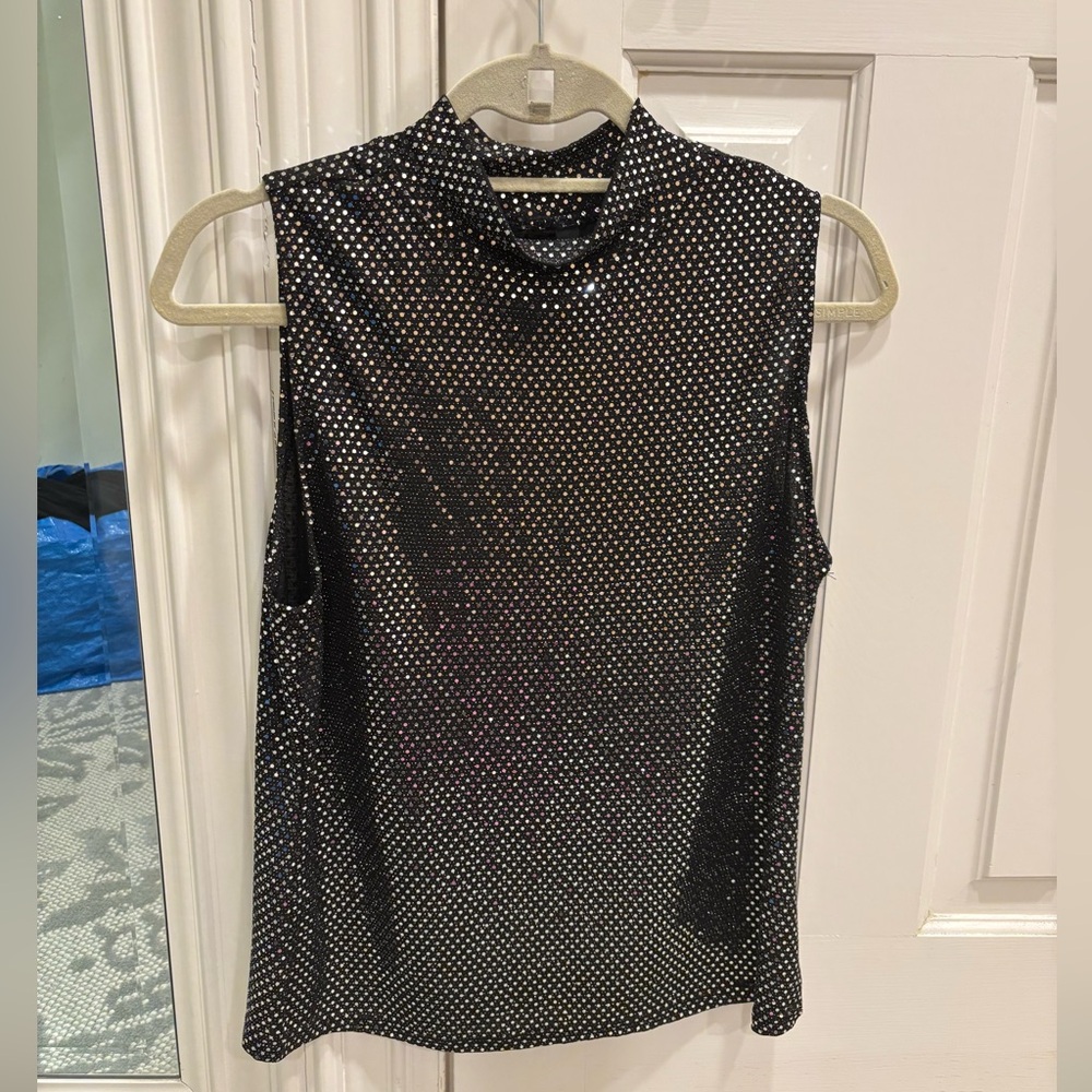 Aqua Black Sleeveless Mock-Neck Camisole with Silver Dots